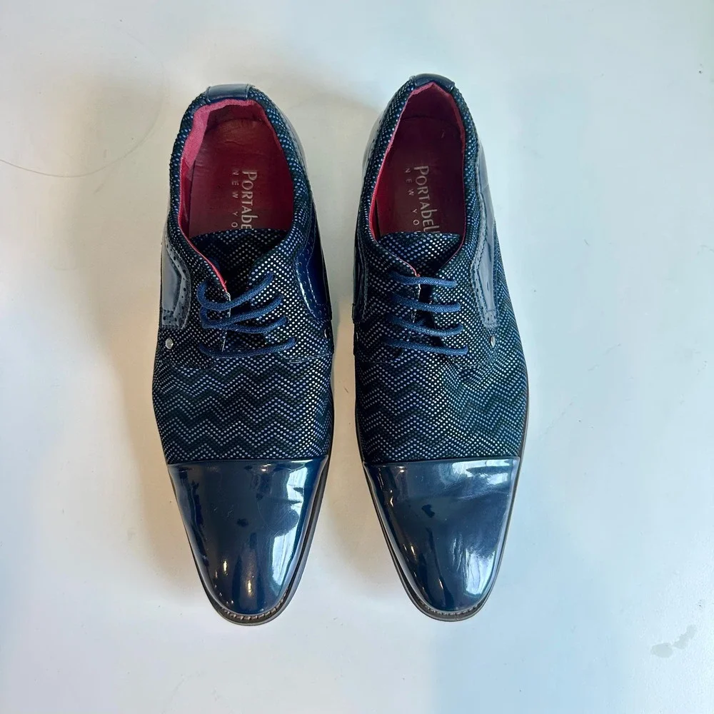 Mens Navy Blue Chevron Pattern Patent Cap Toe Dress Shoes‎ Oxford Size 8.5